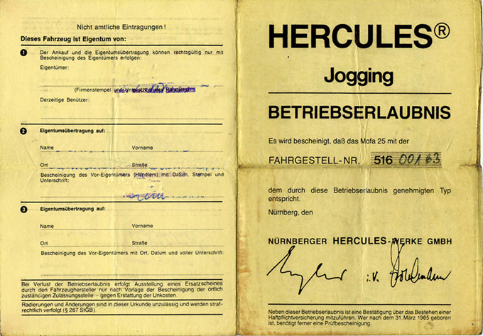 Betriebserlaubnis der Hercules Jogging Vorderseite